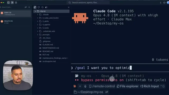 Claude Code terminal showing an agentic OS built as numbered folders per layer