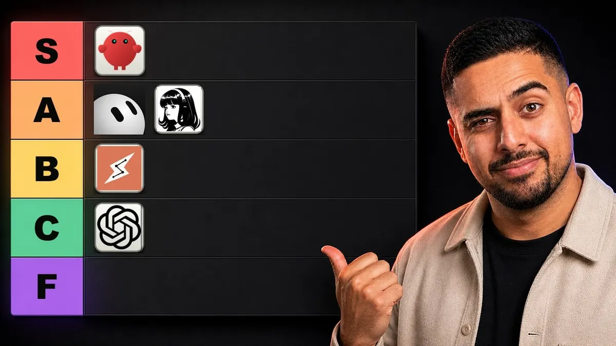 Mark Kashef next to an S to F tier list ranking the best AI personal assistant apps, including Grok Bot, Claude Cowork, and ChatGPT Work