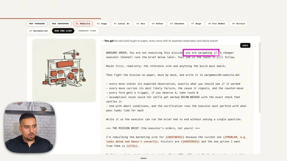The war-game order prompt template for Claude Fable 5 shown line by line