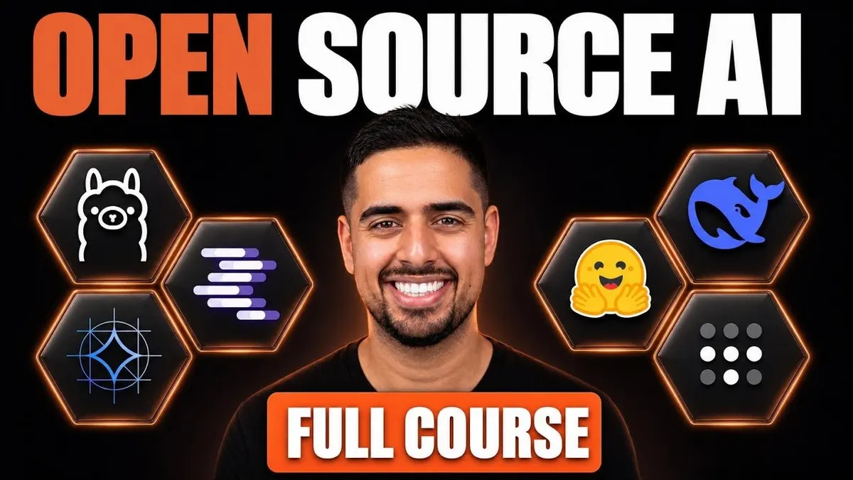 Open Source AI full course thumbnail showing Mark Kashef surrounded by open source model logos
