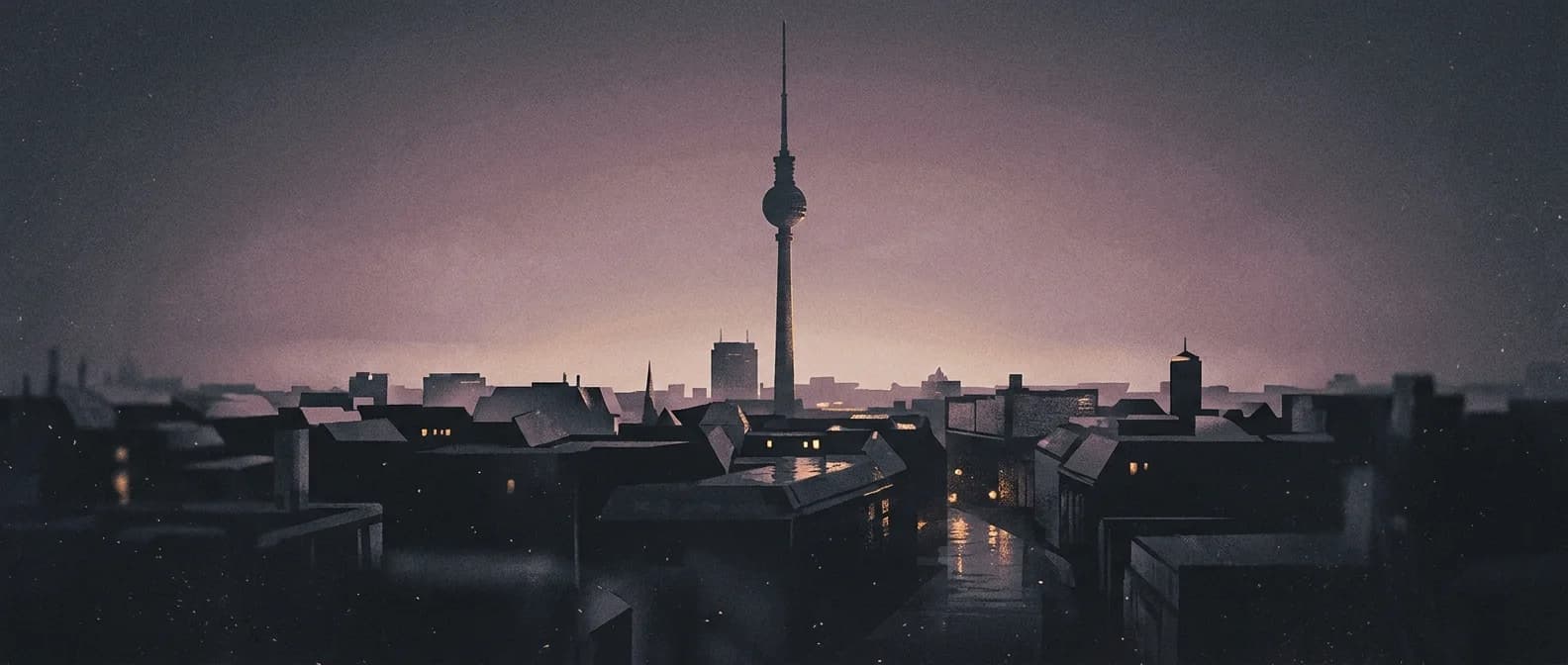 A moody dusk illustration of the Berlin skyline, the Fernsehturm television tower rising over the rooftops