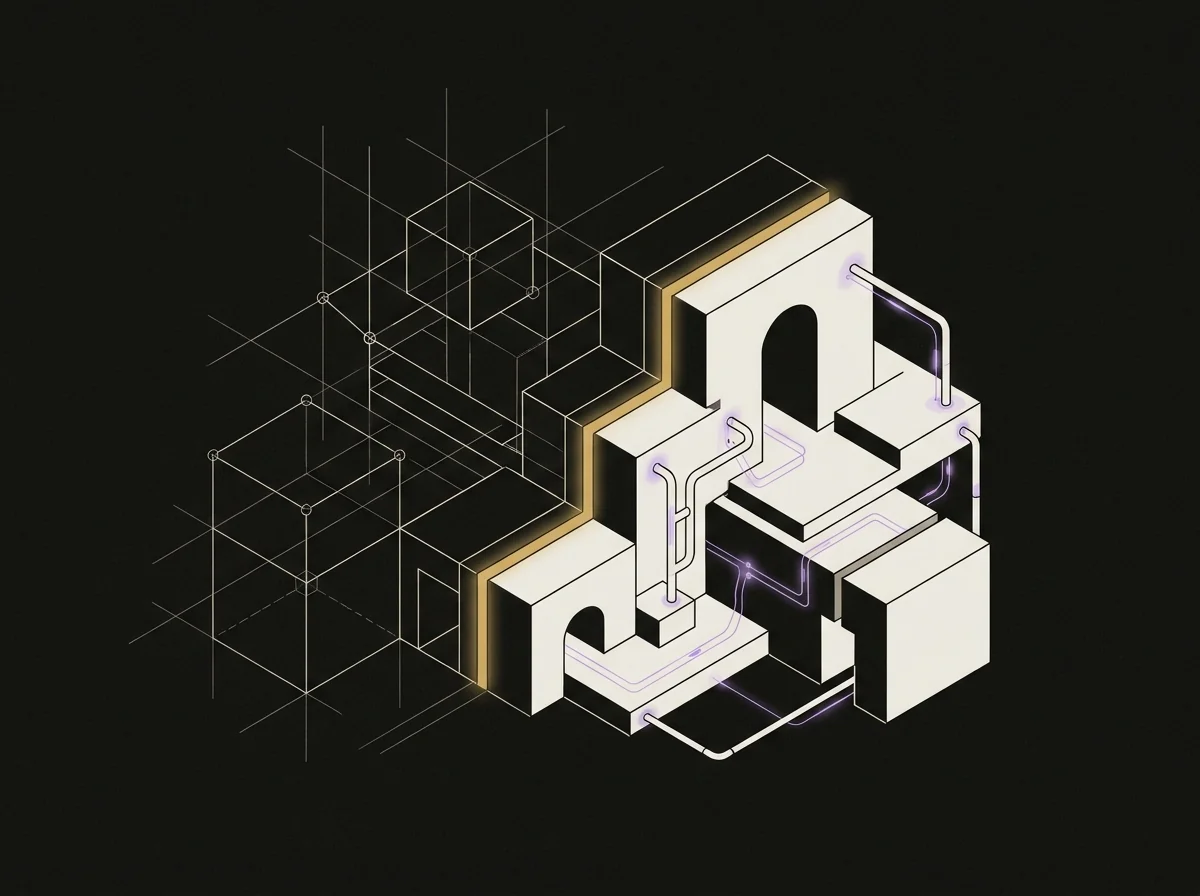Abstract structure mid-assembly, scaffold resolving into solid volumes