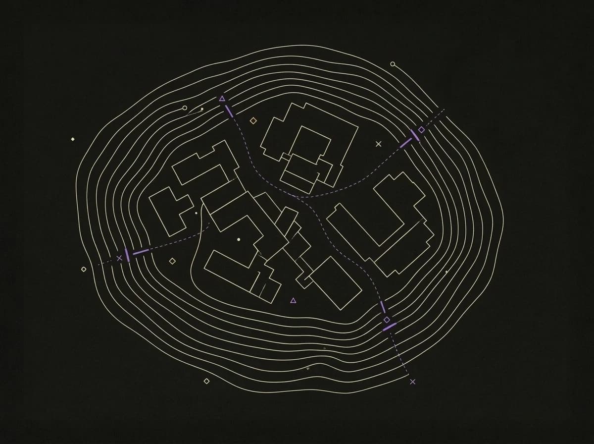 An estate drawn as building footprints inside concentric perimeter rings, with four breaks in the perimeter picked out in violet and dashed paths threading inward through them