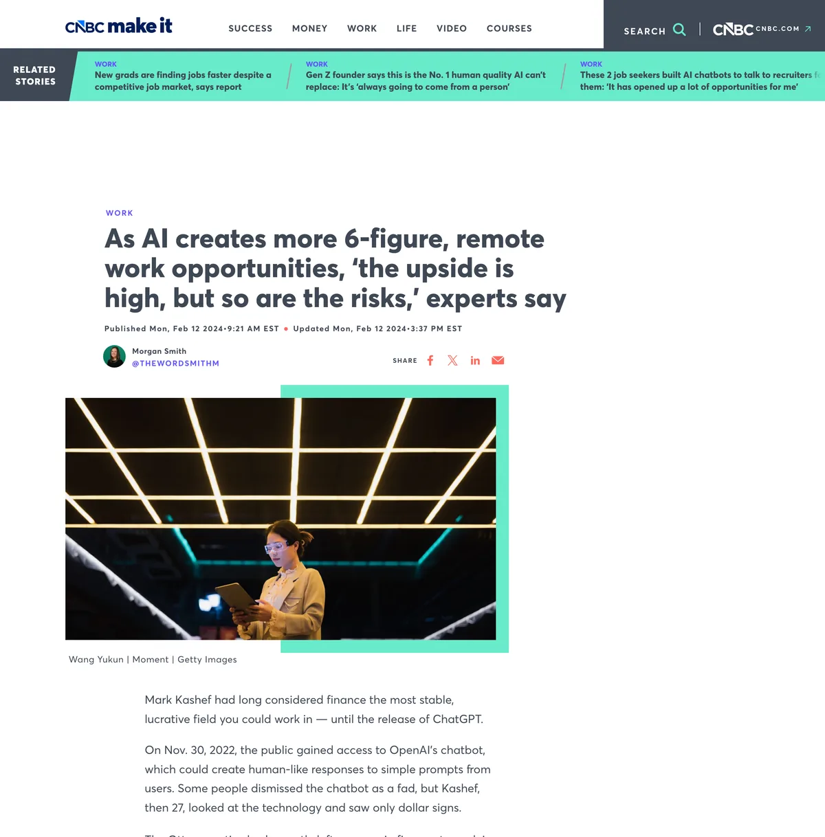The CNBC Make It article quoting Mark on six-figure AI work
