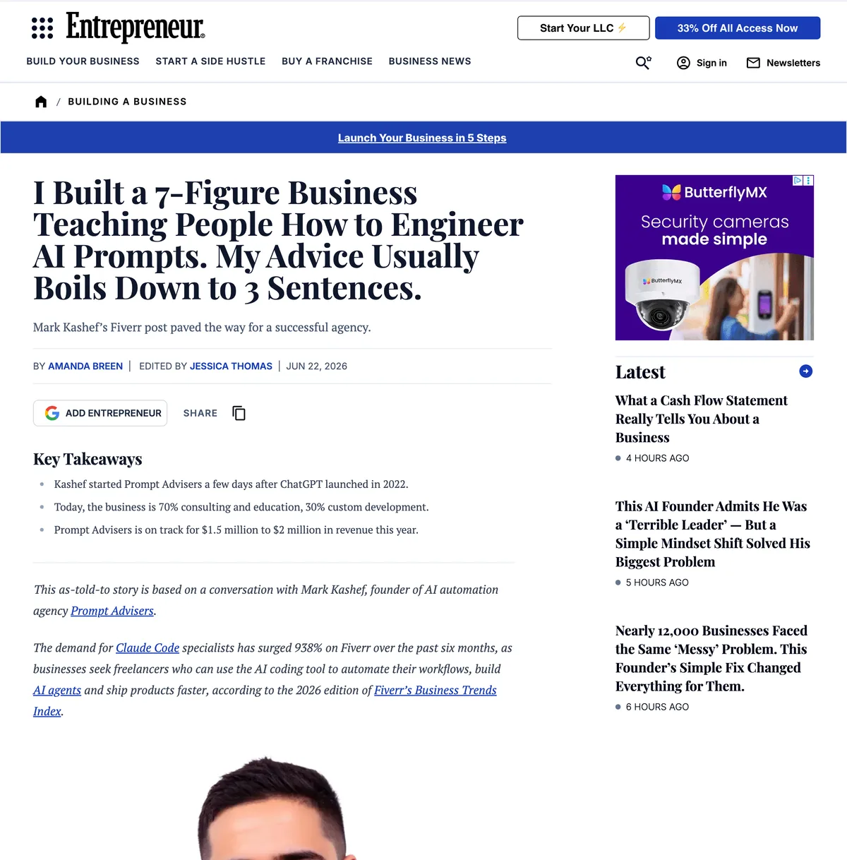 The Entrepreneur feature on Mark Kashef's seven-figure prompt engineering business